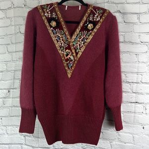 Vintage Shannan Beaded V neck sweater beaded sequins maroon burgundy size large
